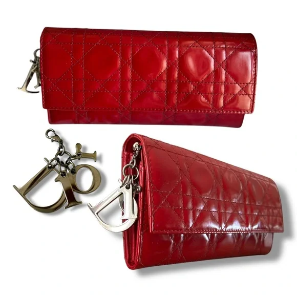 Lady Dior Cannage Quilted Cherry Red Patent Leather Calfskin Wallet Bag & Chain - Picture 4 of 17